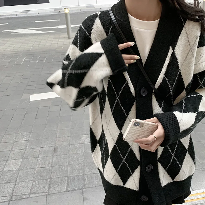 

Women Sweaters Single Breasted Argyle Print V Neck Long Sleeve Cardigan Jumpers Knit Regular Sweater Spliced Elegant Button