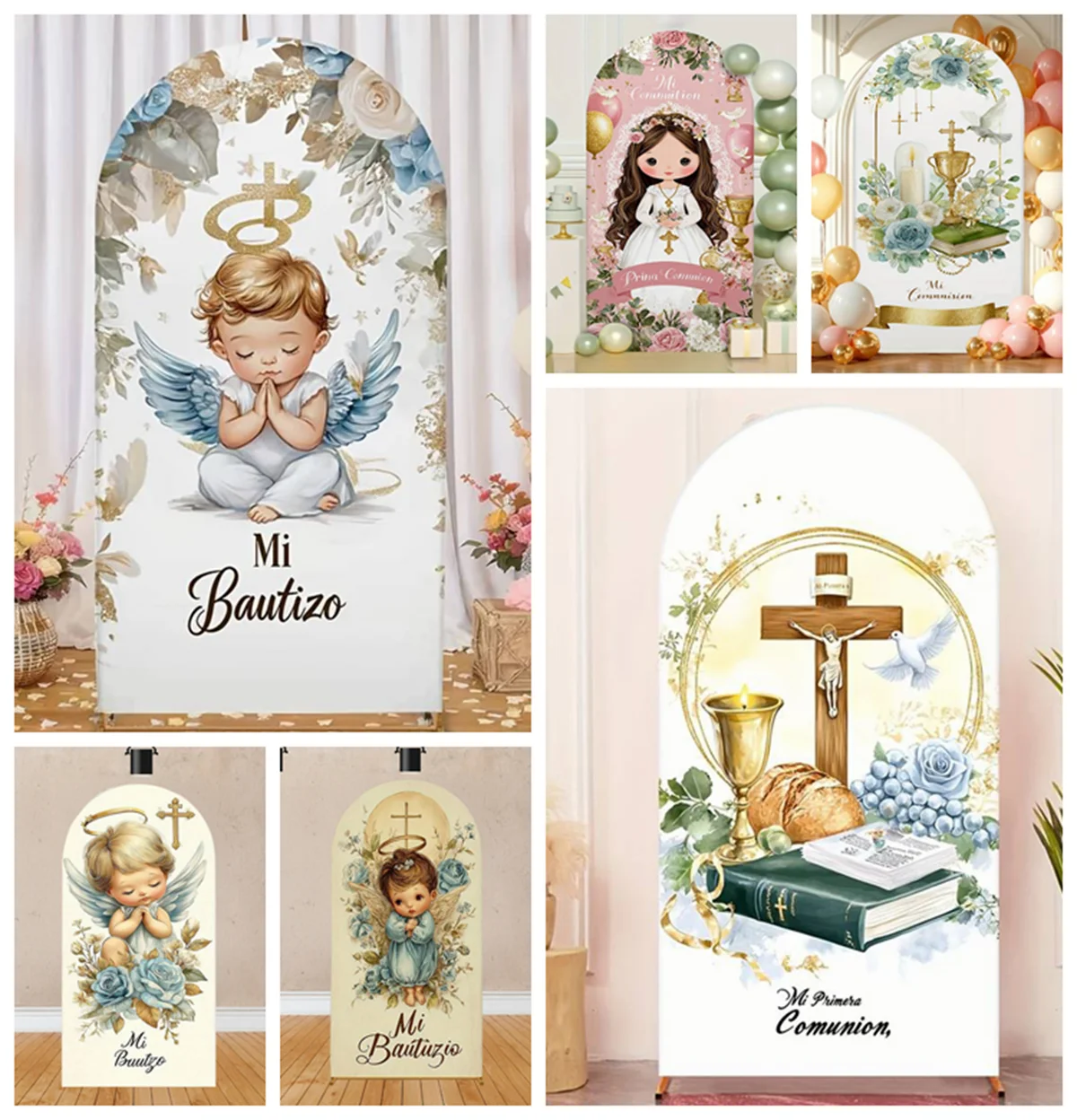 

Baptismal Theme Arch Background Cover Angel Wings Cross Chalice Children Communion Party Decoration Religious Ceremony Props