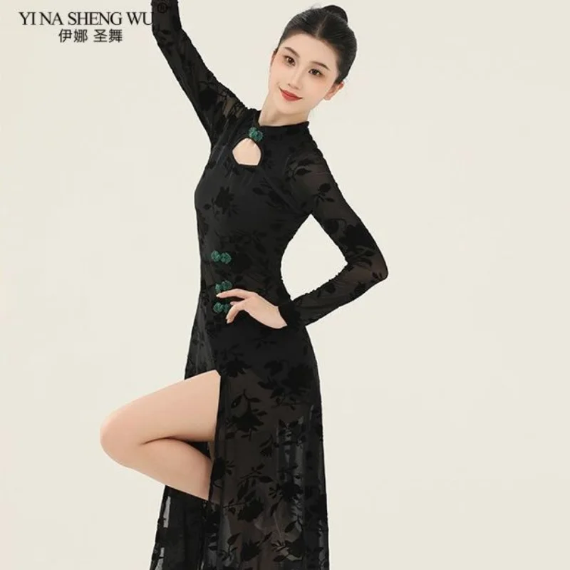 Qipao Traditional Cheongsam Dance Costume for Women Hollow Out Black Printing Bodycon Qipao Slim High Split Evening Prom Dress