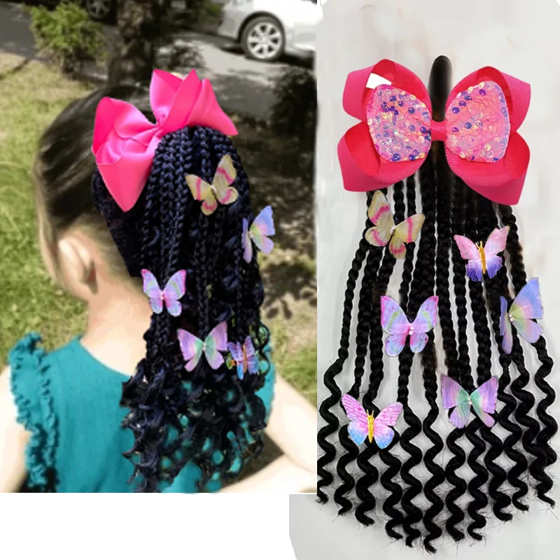 

12inch Kids Braided Ponytail Extension - Black Curly Hair with Butterfly Clips & Beads - Adjustable Elastic Protective Hairstyle