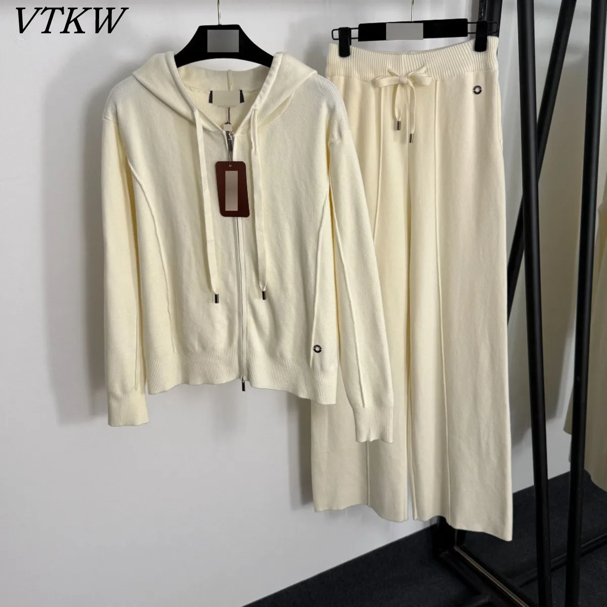 

VTKW Women Casual Knit Hoodie Jacket Pants Set Zip Up Hooded Drawstring Waist Wide Leg Trousers Brown Black Daily Loungewear