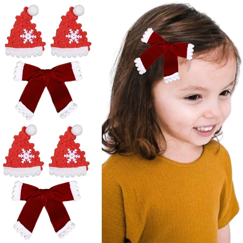 

ncmama 2PCS Christmas Scarf Hat Hair Cilps for Kids Girls Solid Velvet Bow Hairpin Kids Barrettes Hair Accessories New Year Gift