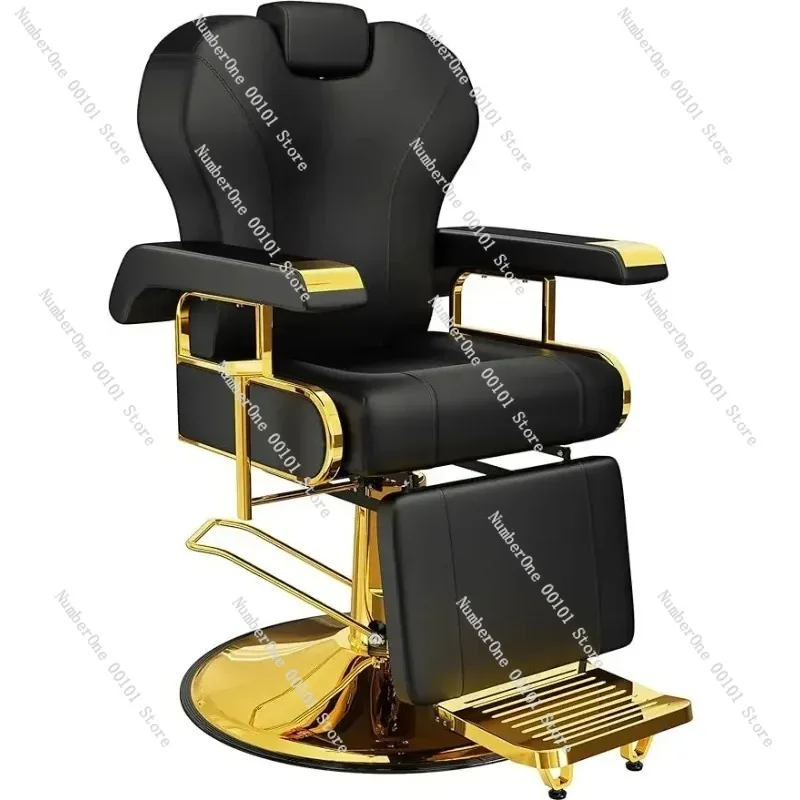 

Professional Reclining Salon Chair with Adjustable Backrest, Elegant Black Gold Barber Chair with Heavy Duty Steel Frame