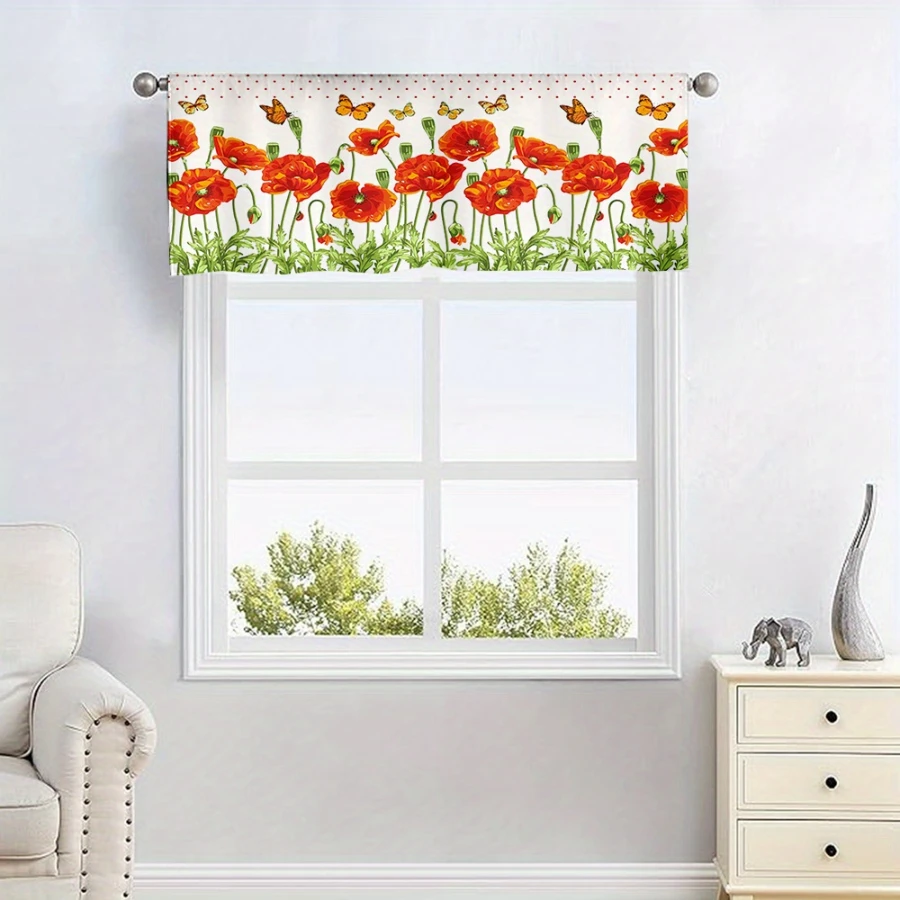  Red Polka Dot Poppy Flower Butterfly Print Kitchen Curtain, Rod Pocket Tiers for Spring Kitchen Dining Room Home Decor