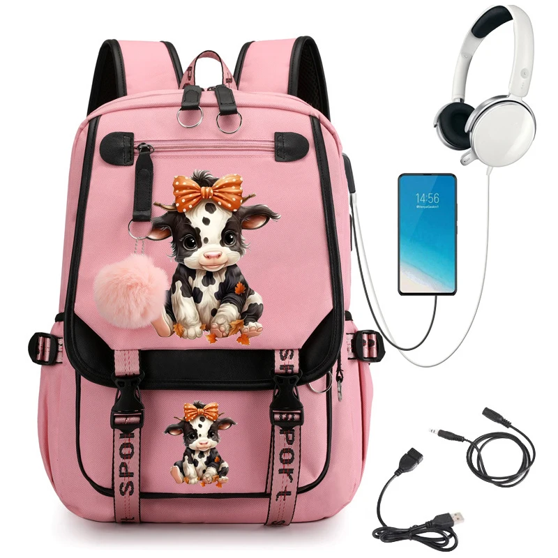 Cowboy Cow School Backpack para Meninas, bonito Bookbag para Mulheres, Estudante, Adolescentes, Bagpack para Laptop, USB, Harajuku