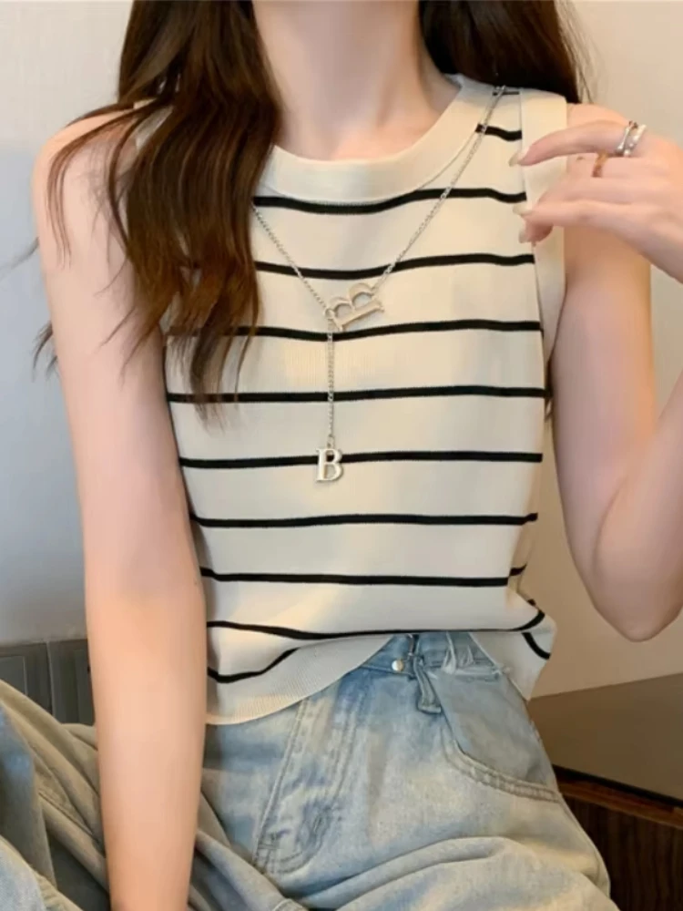 Sommer Gestreiften Tank Tops Frauen Ärmellose Gestrickte T-Shirts Crop Tops Weibliche Elastische Dünne Beiläufige Westen Frühling Pullover Camis 2026