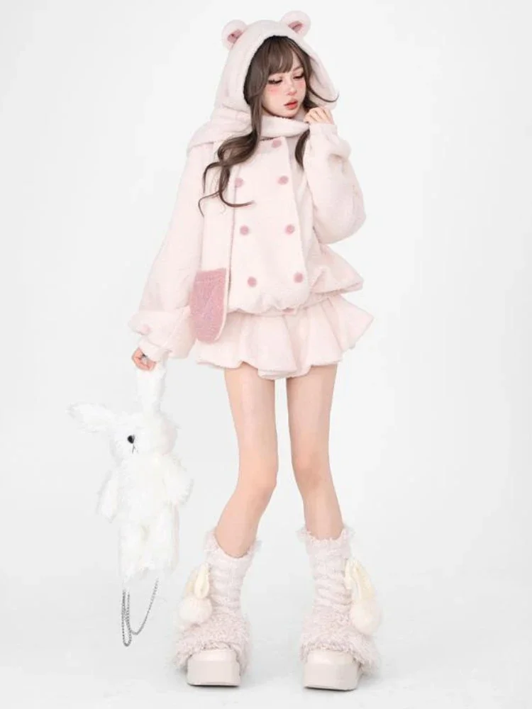 Winter Warm Kawaii Two-piece Set Women Wool Korean Elegant Skirt Suit 2024 Japanese Sweet Hooded Coat + Lolita Party Mini Skirt