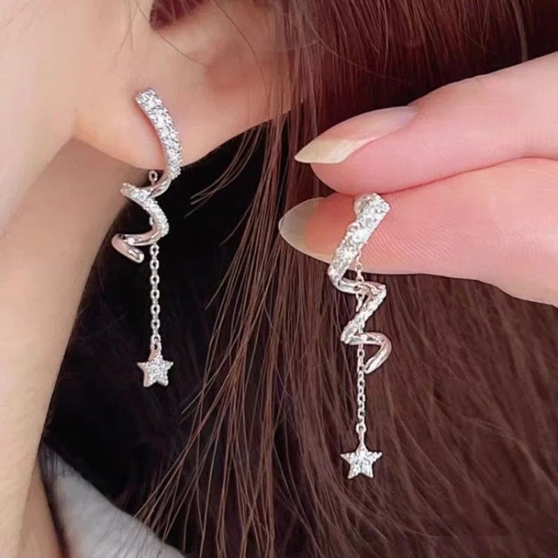 Korean New Luxury Long Tassel Earrings for Women Ins Rotating Twisted Zircon Dangle Lucky Star Earings Gold Color Jewelry Gifts