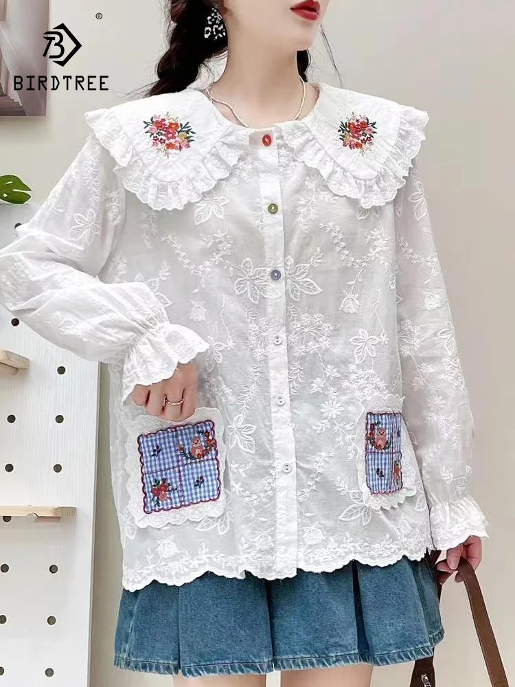 

Новая женская хлопковая рубашка с длинным рукавом Весна 2026, с воротником Питер Пэн, кружевной вышивкой, в стиле Mori Girl, французская свободная блузка T62018CC