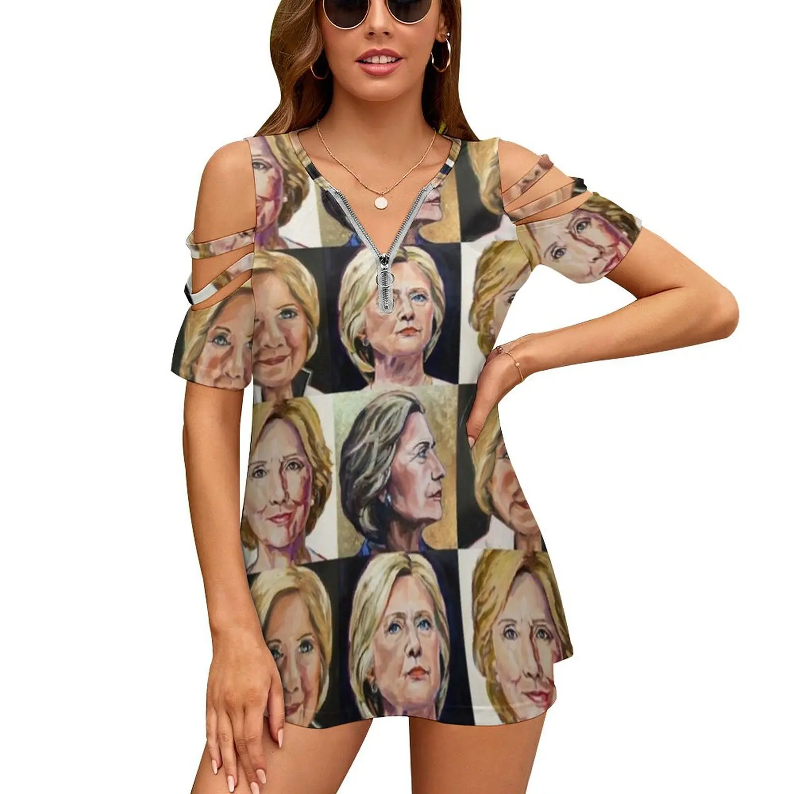 Always With Her Women Zipper Sexy Printed Vintage T Shirts Tops Full Print T-Shirt Hillary Clinton