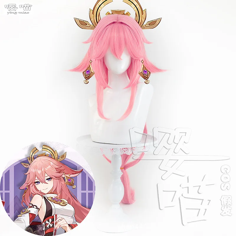 Juego Genshin Impact Yae Miko Cosplay peluca 100CM rosa resistente al calor peluca sintética Anime Cosplay Yae Miko pelucas Halloween hombres mujeres