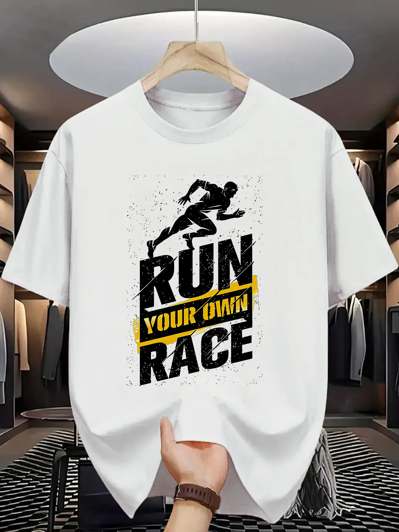 Run Your Own Race Mens Crew Neck T Shirt Runner Silhouette Inspirational Letter Graphic Short Sleeve Tee Sport Male Street Tops