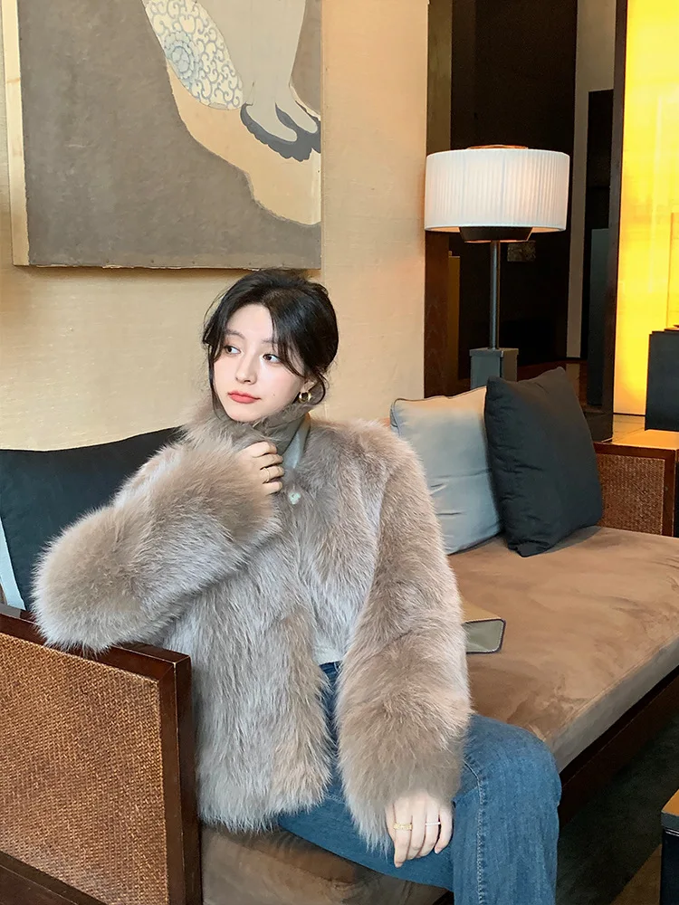 Women Faux Fox Fur Coats Solid Short Jackets Long Sleeves Turn Down Collar Open Stitch Loose Elegant Casual 2026 Autumn Winter
