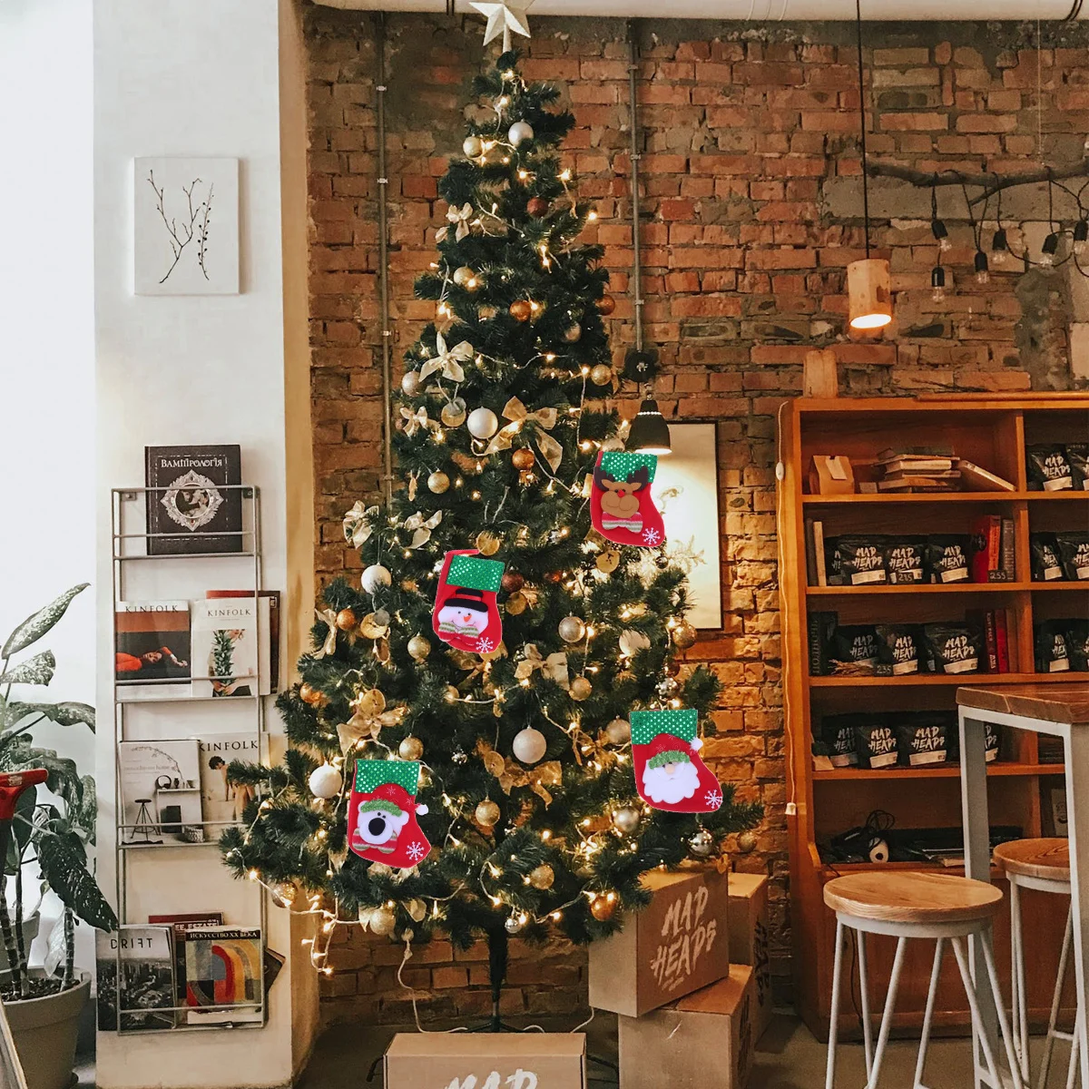 

4 pcs Stockings Cloth Socks With Christmas Elements Pattern For Gifts Home Decor Holiday Party Decoration Christmas Hanging