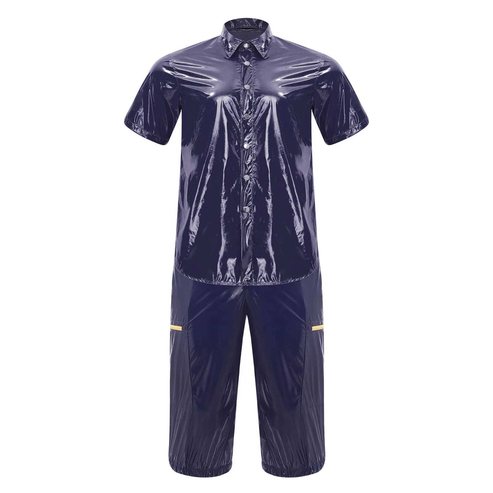 Mens Waterproof Tracksuit Short Sleeve Front Button T-shirt and Cargo Shorts Capri Pants Outfits for Music Festival Rave Party