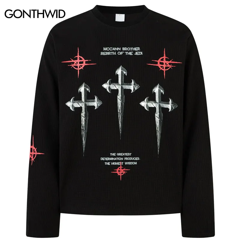 

Vintage 90s Waffle Shirt Y2K Grunge Graphic Printed Long Sleeve Shirts Hip Hop Men Casual Loose Punk Gothic Streetwear Shirt