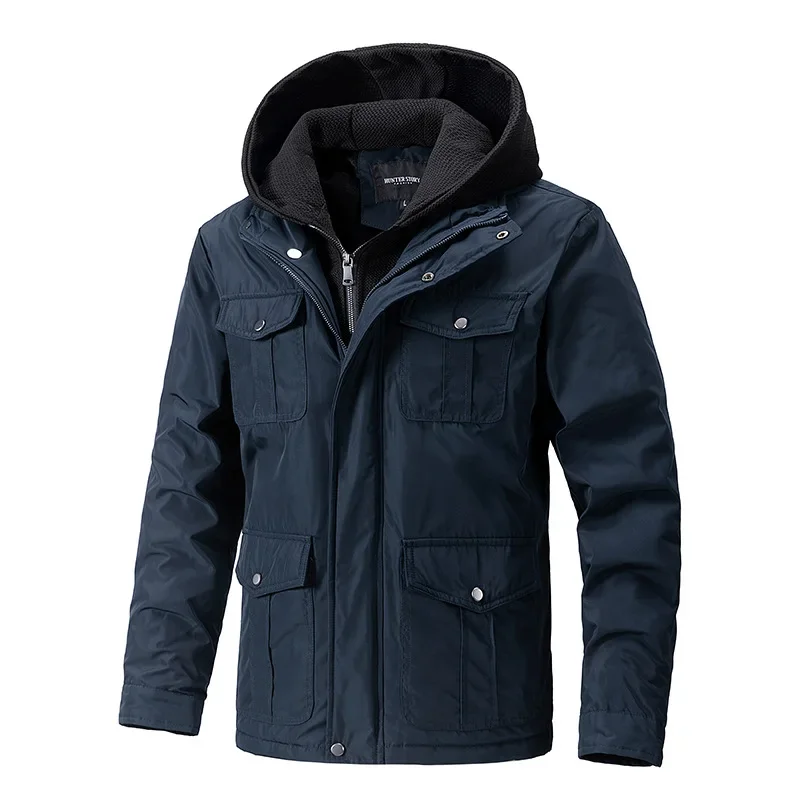 Autumn Winter Men Jackets Coats Thick Warm Full Sleeve Casual Pockets JacketVintage Coat Hooded Zipper Splice Two Piece Jacket