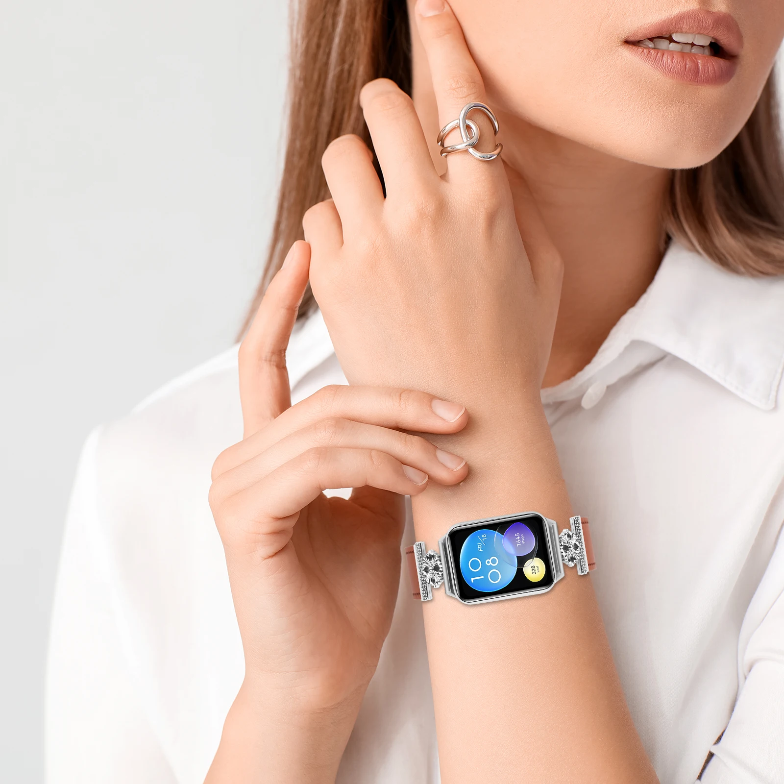 For Xiaomi Smart Band 8 Pro Watch Band Genuine Cow Leather Flower Decor Adjustable Strap - Brown