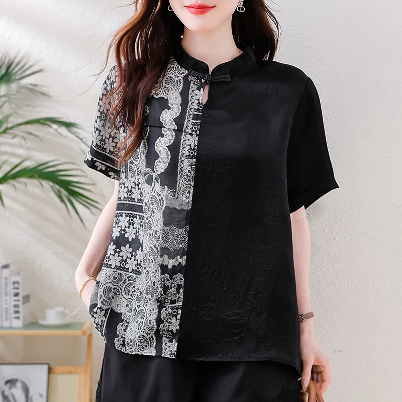 ゆったりとした夏用薄手の襟付きスタンドカラー、女性用カジュアルなゆったりシフォンブラウス、ボタン付きプリント柄、大きいサイズ