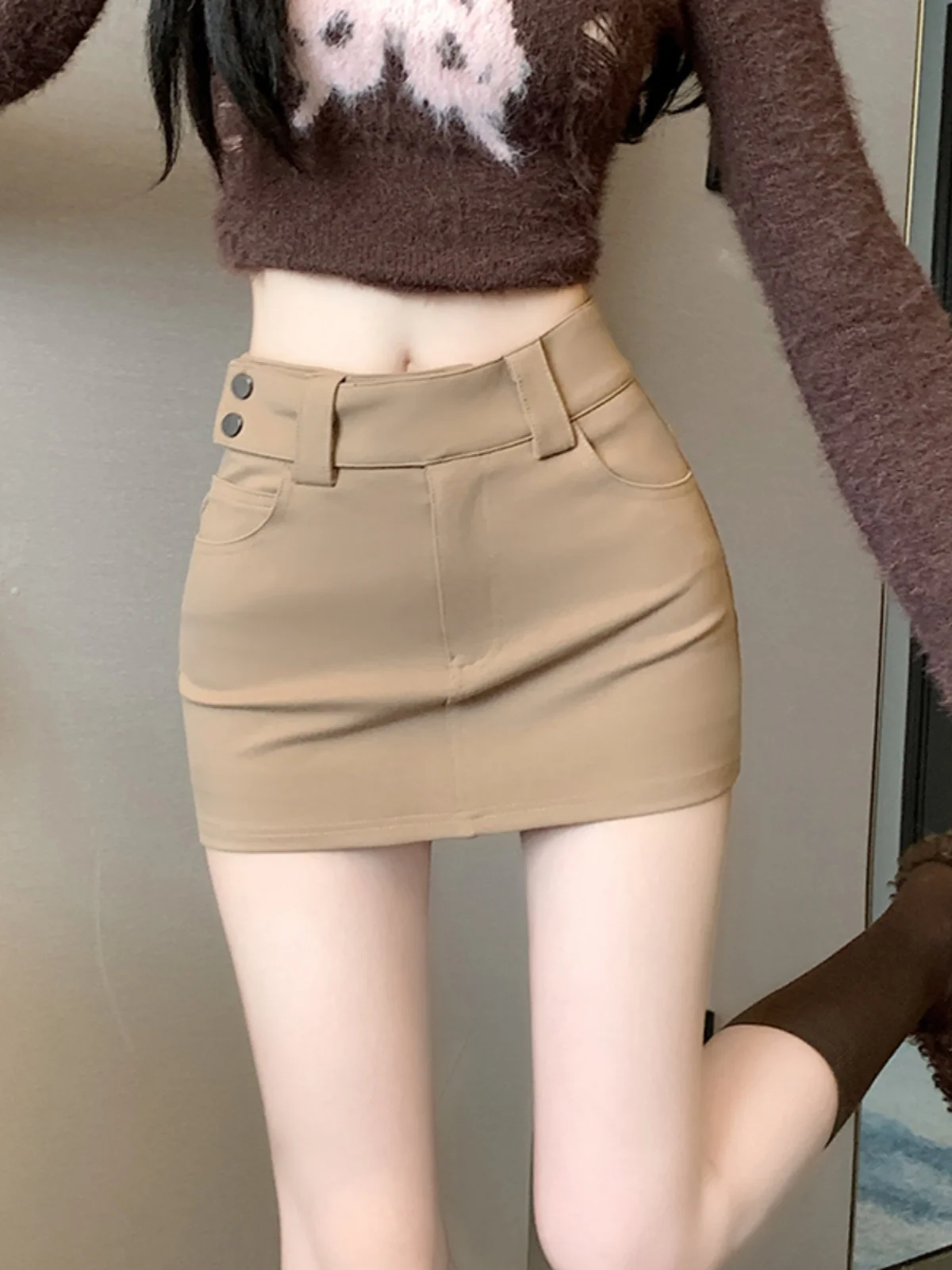 Khaki Retro Sexy Suit Short Skirt Women's Autumn Winter High Waist A-Line Slimming Sexy Bodycon  Skirt Commute Korean Style