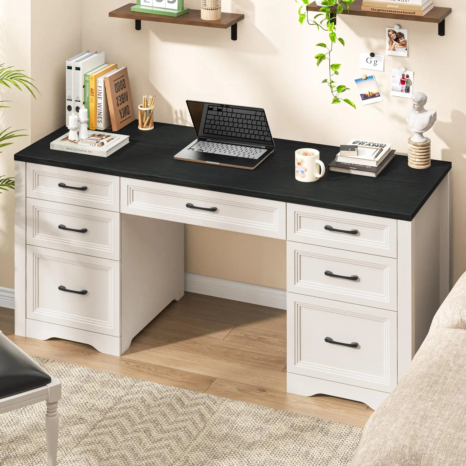 Farmhouse Executive Desk, Wood Home Office Desk with 2 Large File Drawers and 5 Storage Cabinets, Rustic Writing Desk