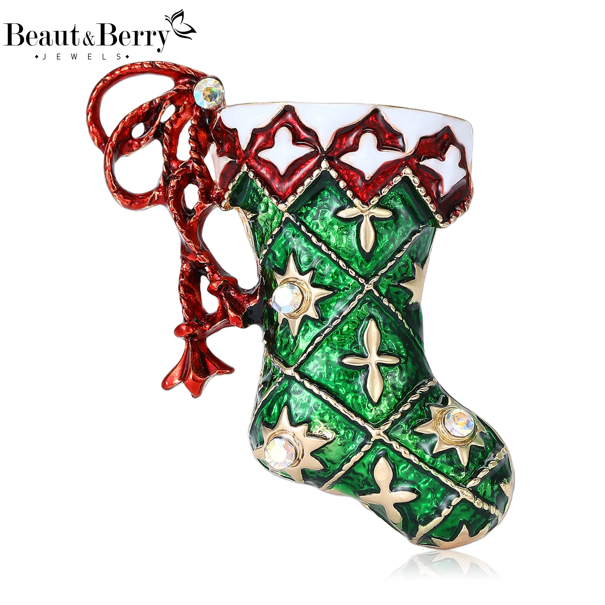 Beaut&Berry Classic Christmas Enamel Stocking Brooch for Women Rhinestone Decorated Pins Casual Party Accessories New Year Gifts