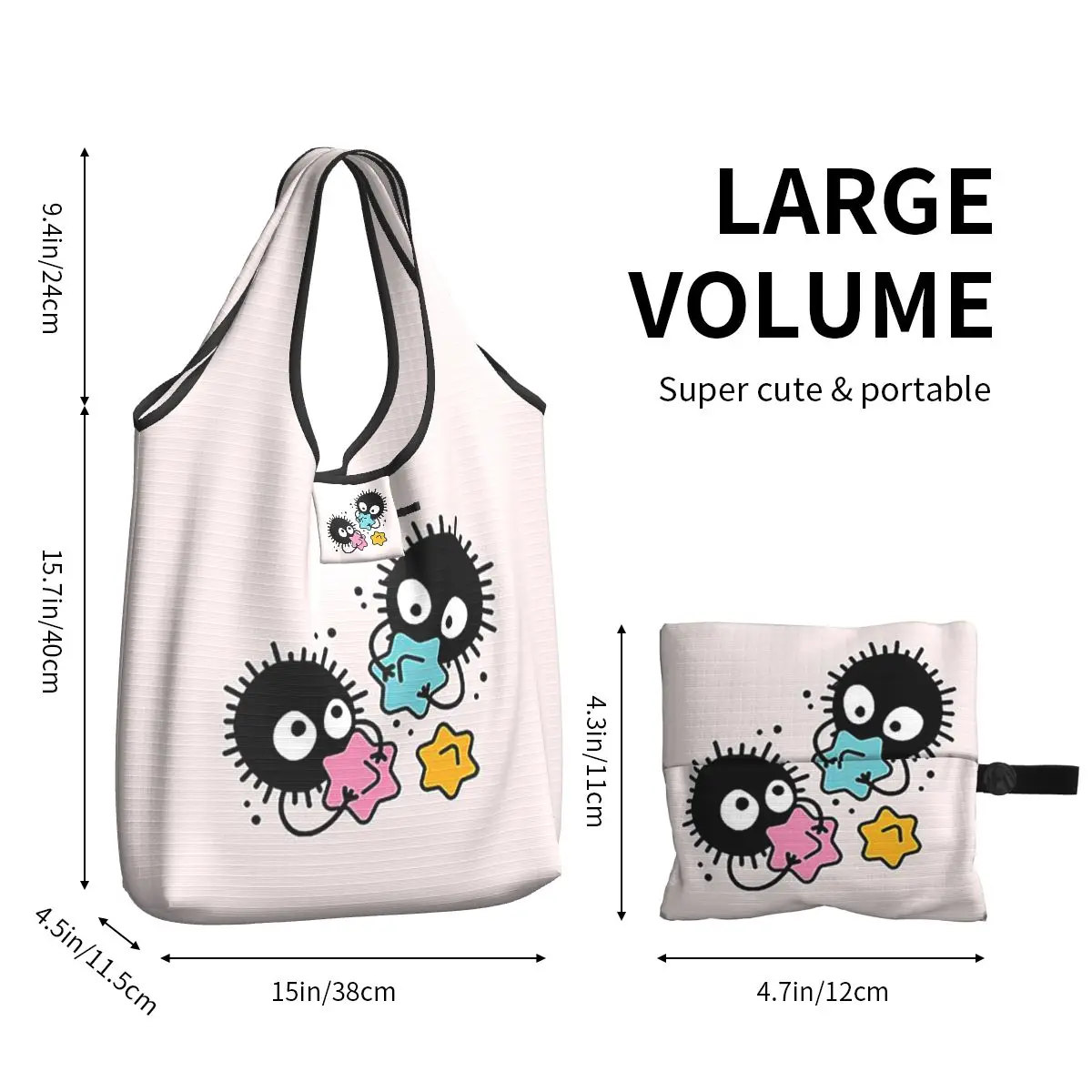 Soot Studio Ghibli Portable Tote Shopping Bags Foldable Shopper Bag Grocery Handbag Shoulder Bag