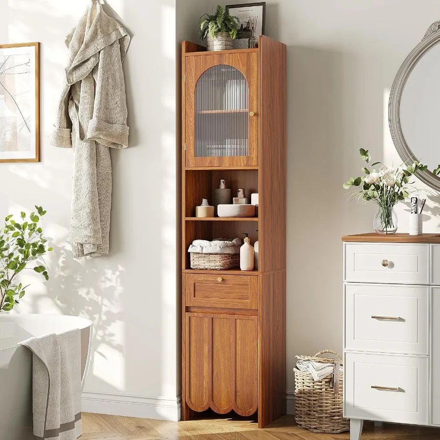 68 Tall Bathroom Storage Cabinet rrow Freestanding Cabinet with Fluted Glass Door and Drawer 3Tier Adjustable Shelves Wavelike
