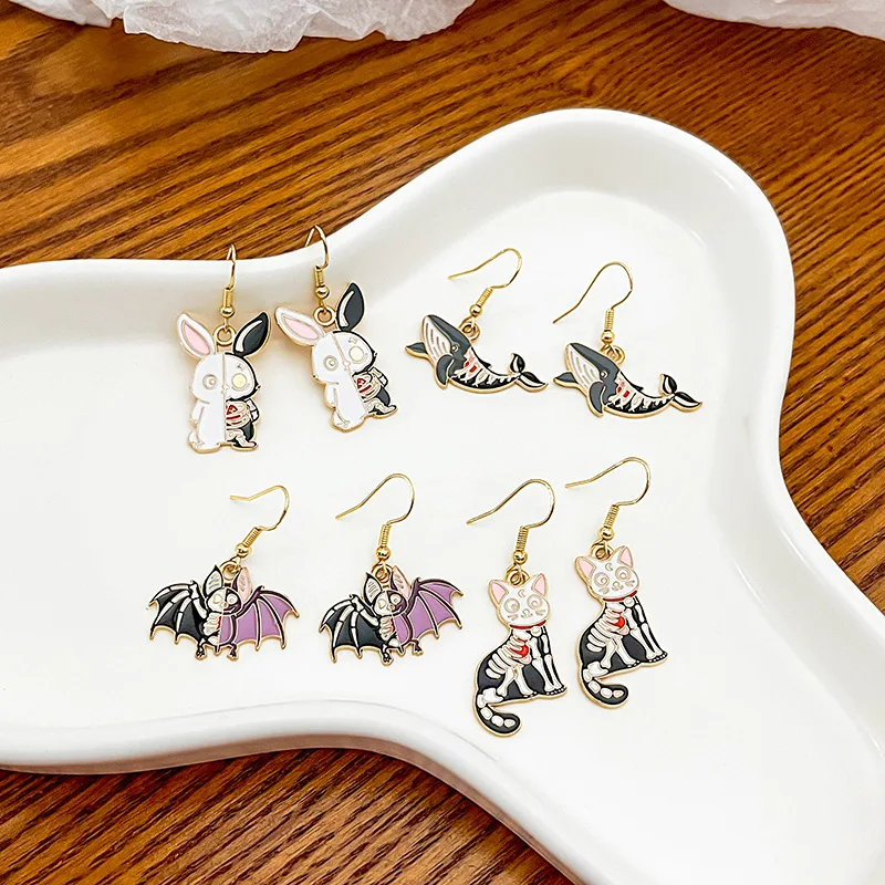 Cartoon Animal Skeleton Earrings for Women Dark Gothic Style Fashion Quirks Jewelry Cat Rabbit Bat Whale Skull Shaped Punk Gifts