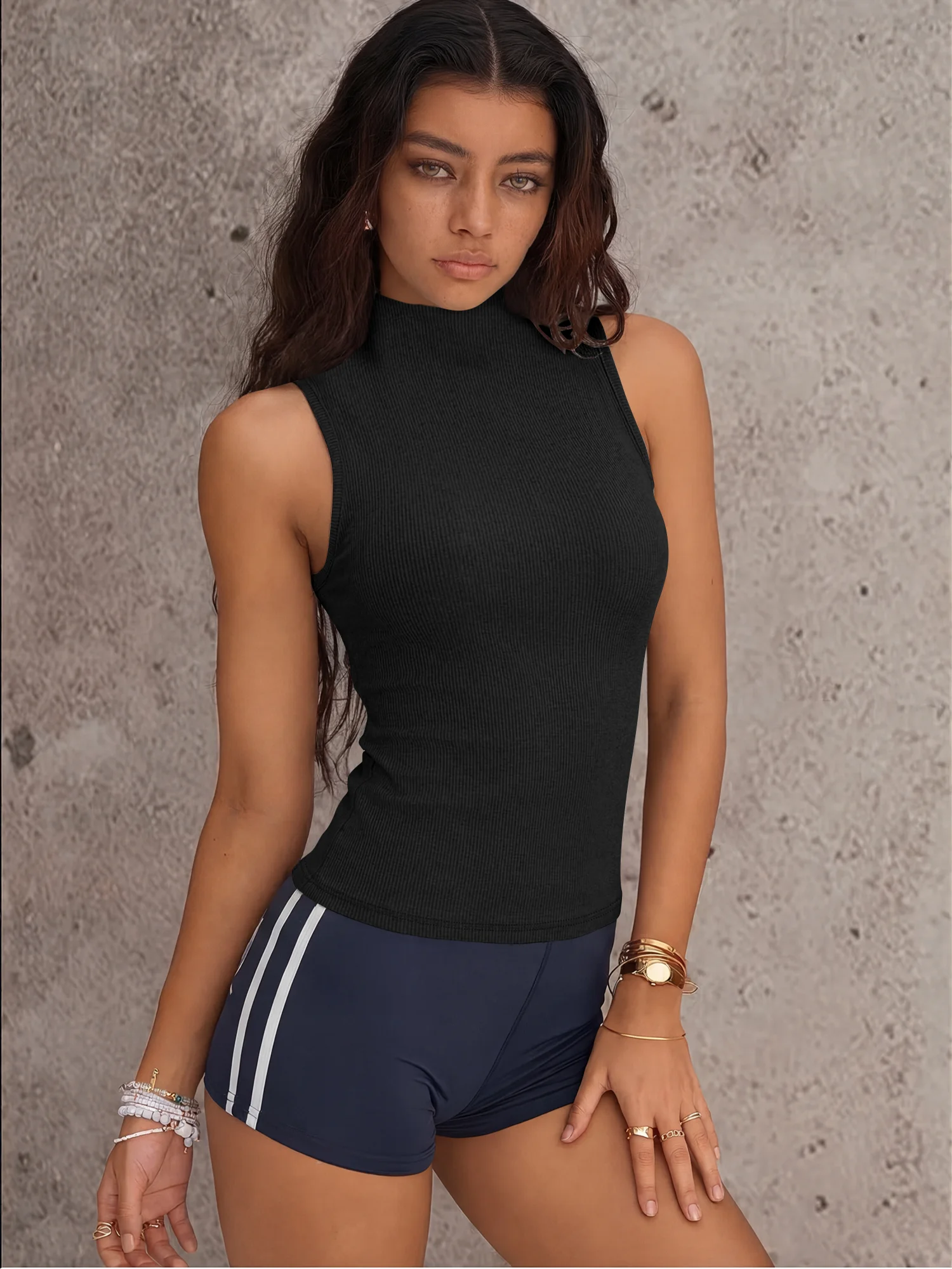 Gathered Neckline High‑Neck Knit Top, Vertical Rib Sleeveless Blouse for Dinner Dates & Urban Café Hopping