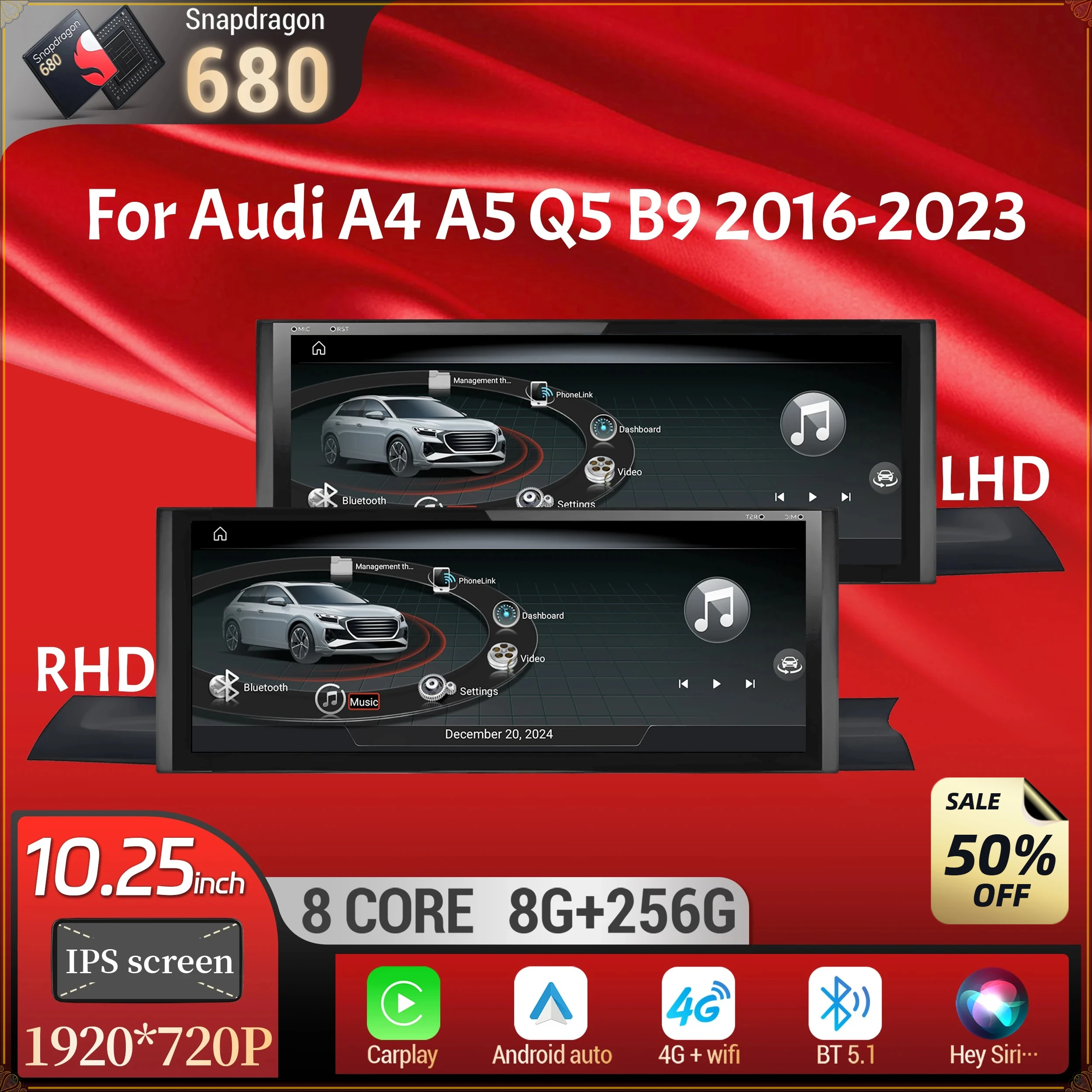 10.25 inch For Audi A4 A5 Q5 B9 2016-2023 Android 14 LHD RHD Car Radio Wireless BT Carplay Qualcomm Snapdragon 680 Touch Screen