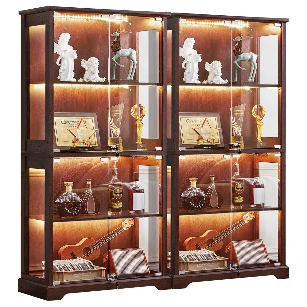 Farmhouse Glass Display Cabinet Set of 2 with Lock Walnut