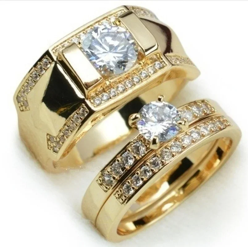 2024 new 1pcs Luxury Women Ring Metal Carving Gold Color Inlaid Zircon Stones Couple Ring Bridal Engagement Wedding Jewelry