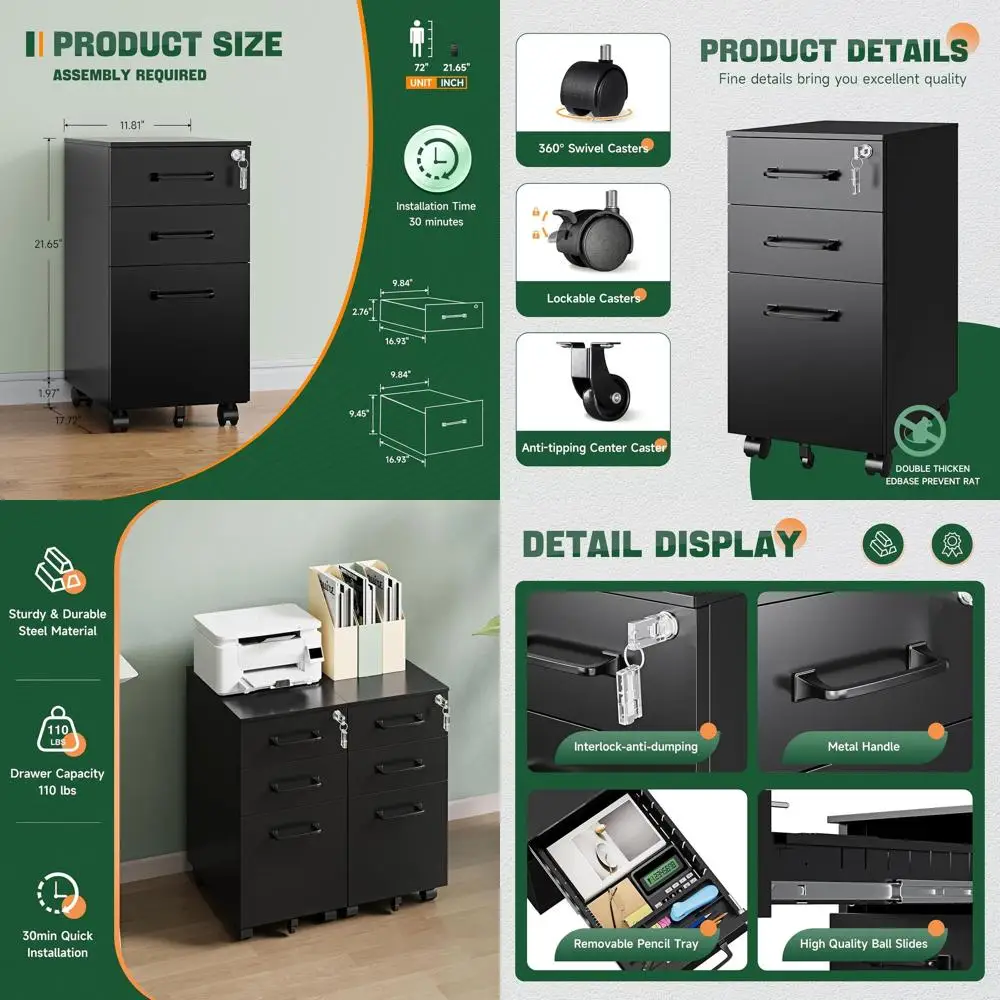 

Under Desk Metal Filing Cabinet with Lock, Rolling Printer Stand for Home Office, Holds Letters/Legal/A4 Sizes (Assembly Require