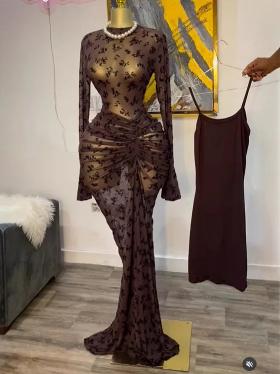 Ultraluxuriöses Kleid, europäisch-amerikanisches Langarmkleid, durchscheinende, florale Damenkleider, gerüscht mit Innenfutter