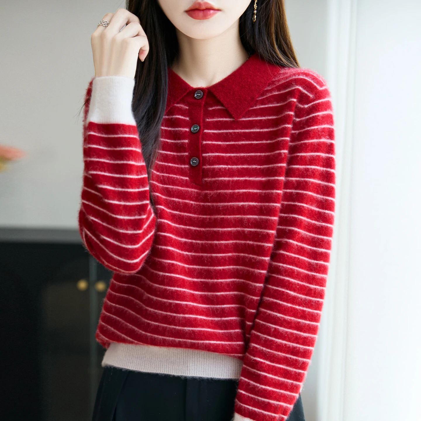 

New Women Sweater 100% Wool Pullovers Polo Collar Loose Striped Knitt Bottoming Shirt Soft Warm Innerwear Korean Fashion Jumpers