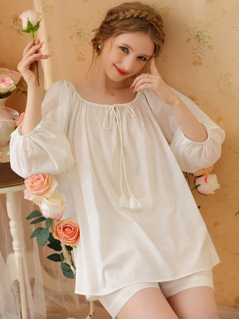 Women Spring Summer New Sweet Girls Cotton Pajama Nightwear Two Piece Sets French Split Sleeve Top Shorts Loose Home Sleepwear