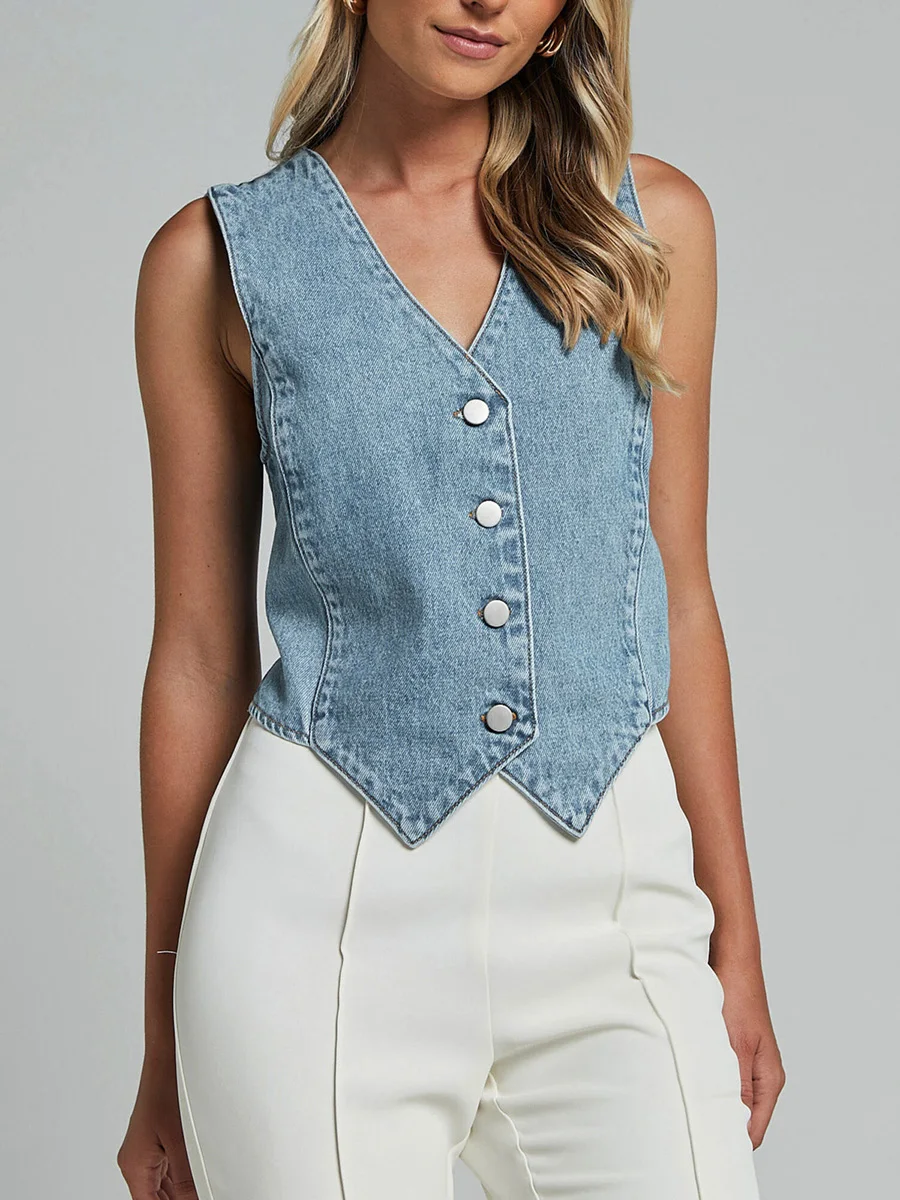 Womens Denim Vest Sleeveless V Neck Button Down Jean Waistcoat Jacket Y2K Summer Crop Tops