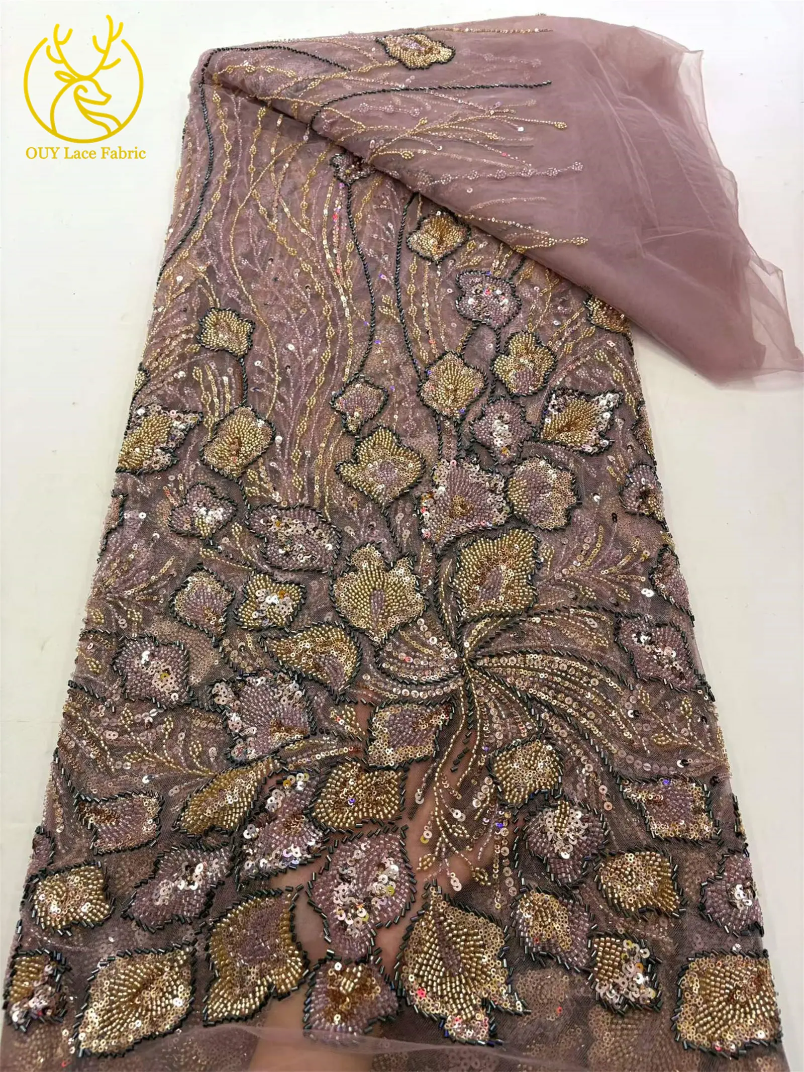 Großhandel Nigerianischer Brautkleid-Spitzenstoff 2026 Luxuriöse Französische Afrikanische Pailletten-Tüllspitze für Hochzeitskleider und Partykleider zum Nähen – Detail 12