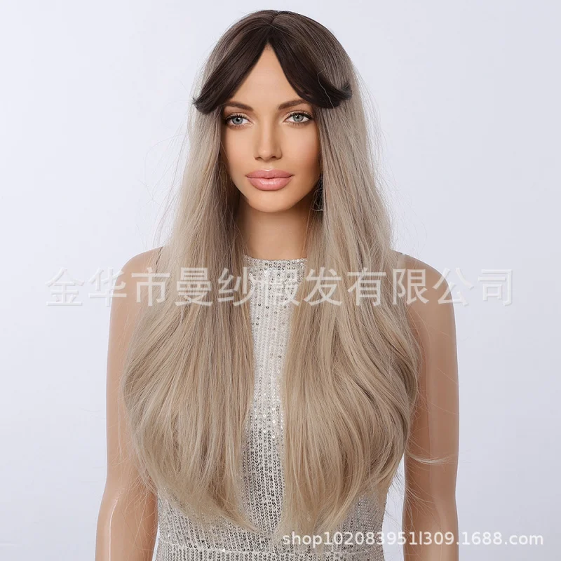 Wavy bangs with gradient light brown color, large waves, high-temperature synthetic fiber wig
