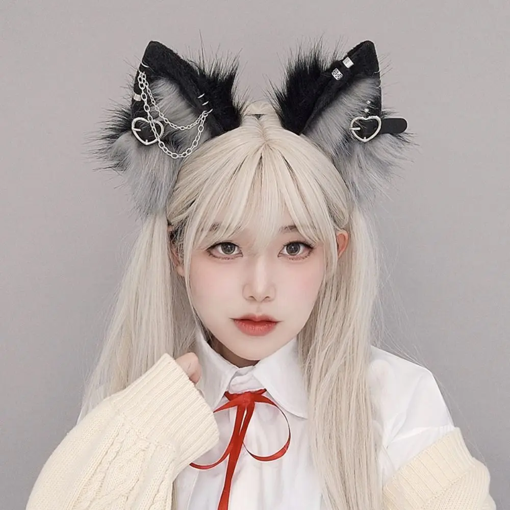 Hairpin Cat Ear Lolita Hair Band Belt with Love Pendant Plush Headband Headdress Hair Accessories Halloween Cosplay Costume