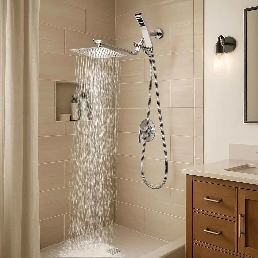 8 Inch Dual Square Shower Head with Handheld Spray Combo, Adjustable Arm, Long Hose - Chrome Upgrade