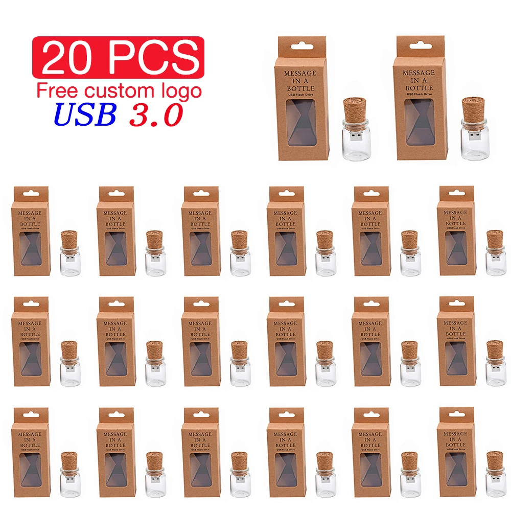 

JASTER 20 PCS LOT Drift Bottle USB 3.0 Flash Drive 128GB High Speed Free Custom Logo Memory Stick 64GB Wooden Box Pen Drive 32GB