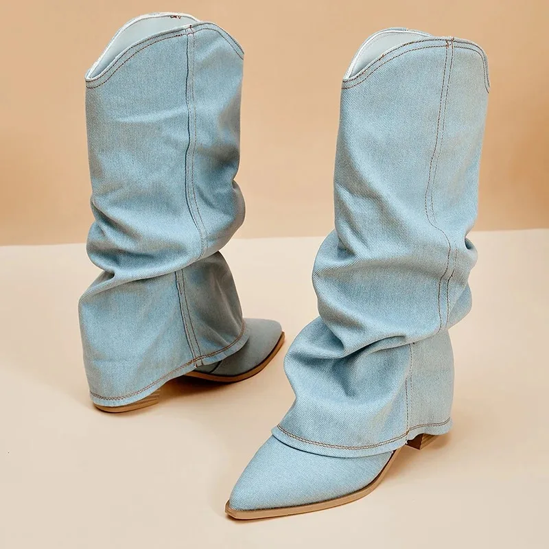 Pleated Knee High Boots for Women Pointed Toe Square Heels Cowboy Boots Woman Autumn Winter Denim Long Booties De Mujer