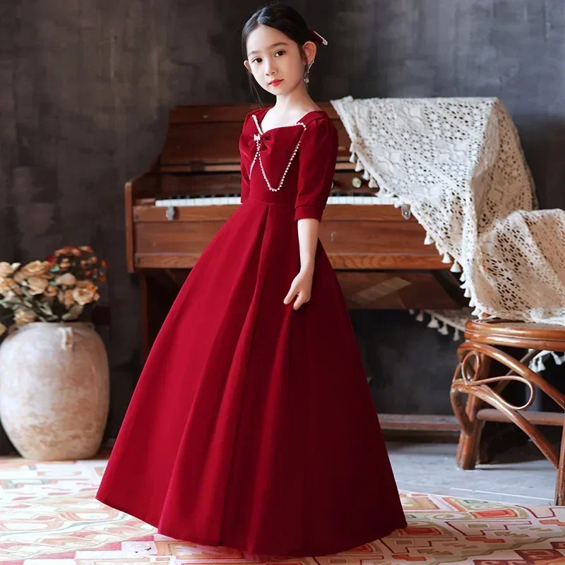 Girl's Dress 2024 Spring New Velvet Children's Birthday Flower Girl Wedding Little Girl Piano Performance Dress