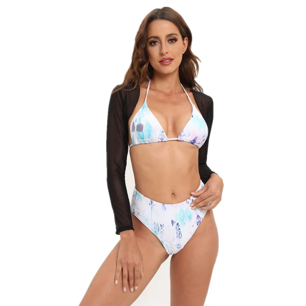 

Новая модель 2024, европейский и американский женский раздельный купальник, комплект из трех частей блузки в сетку, сексуальное бикини с граффити.