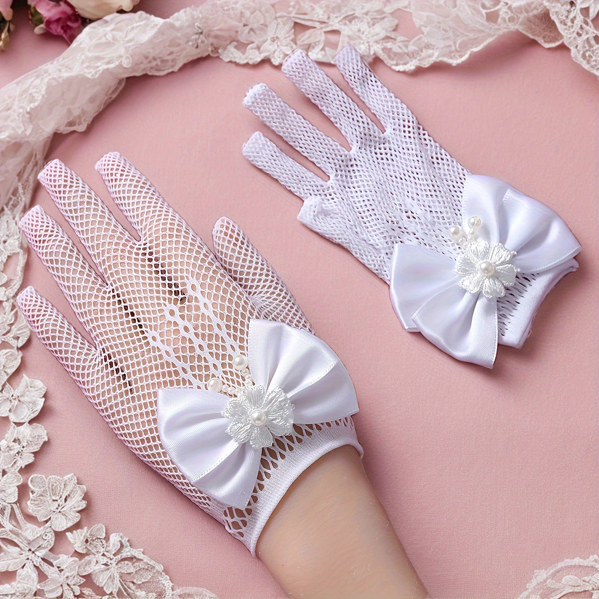 Guantes de novia completos de estilo Sexy maduro para damas, guantes de boda elásticos de encaje blanco con lazo, adecuados para fiesta