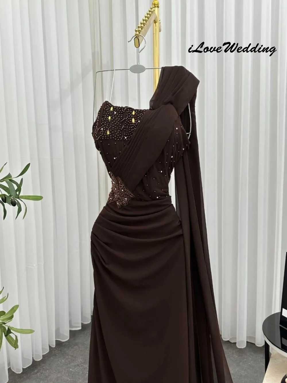 

Dark Brown Beading Prom Dress 2025 Beading Shiny Elegant Women Party Dress Chiffon Ribbons Formal Gowns Floor Length Customized