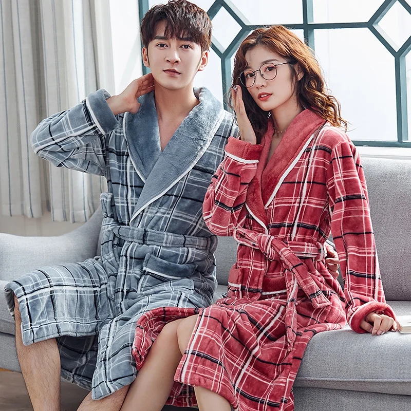 Plus Size Couple Robe Gown New Winter Warm Coral Fleece Nightwear Nightgown Thickened Flannel Sleepwear Bathrobe Loose Home Wear