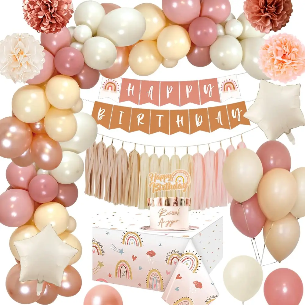 1 2 3 Year Girl Birthday Decorations Boho Balloon Paper Flower Pom Poms Happy Birthday Banner Pink Sand White Apricot Balloon